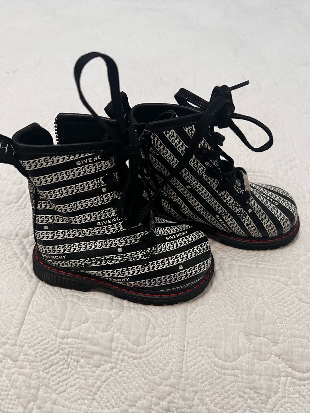 Givenchy Black & White Logo-Striped Kids Lace-Up Boots
